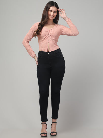 Beige Ribbed Full Sleeve Top
