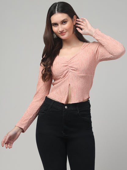 Beige Ribbed Full Sleeve Top