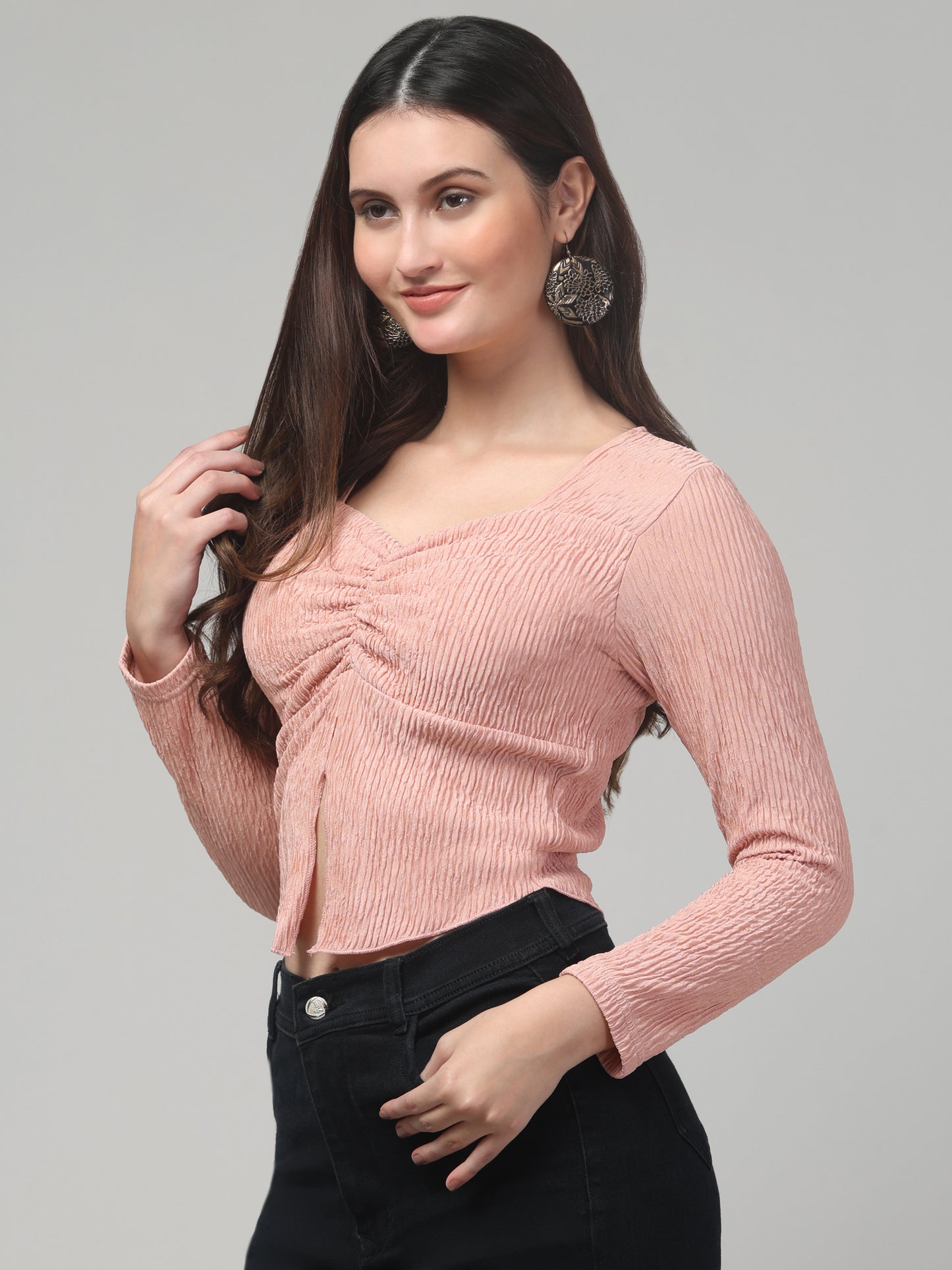 Beige Ribbed Full Sleeve Top