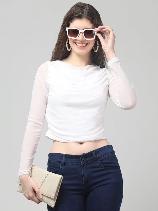 White Net Full Sleeve Crop Top For Womens