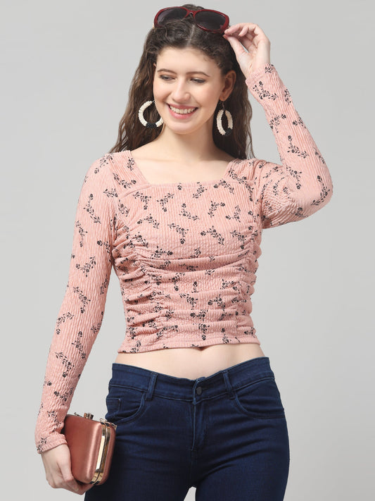 Beige Floral Print Crop Top For Womens