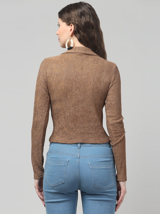 Brown Bow V Neck Top For Womens