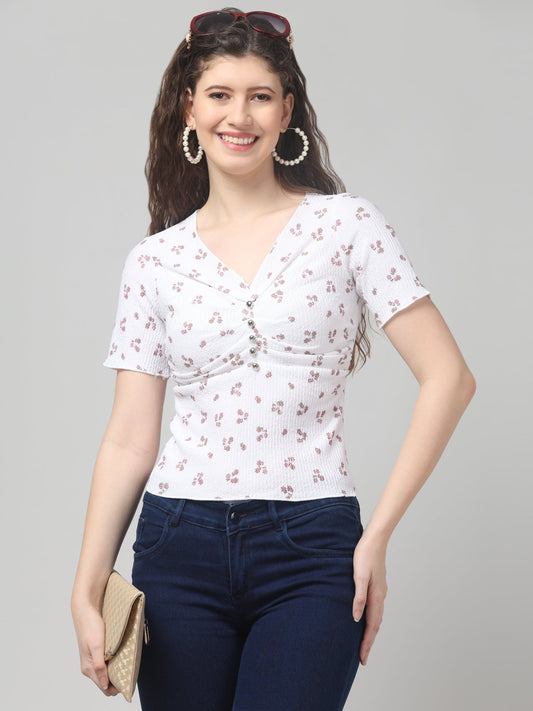 White Print V Neck Top For Womens